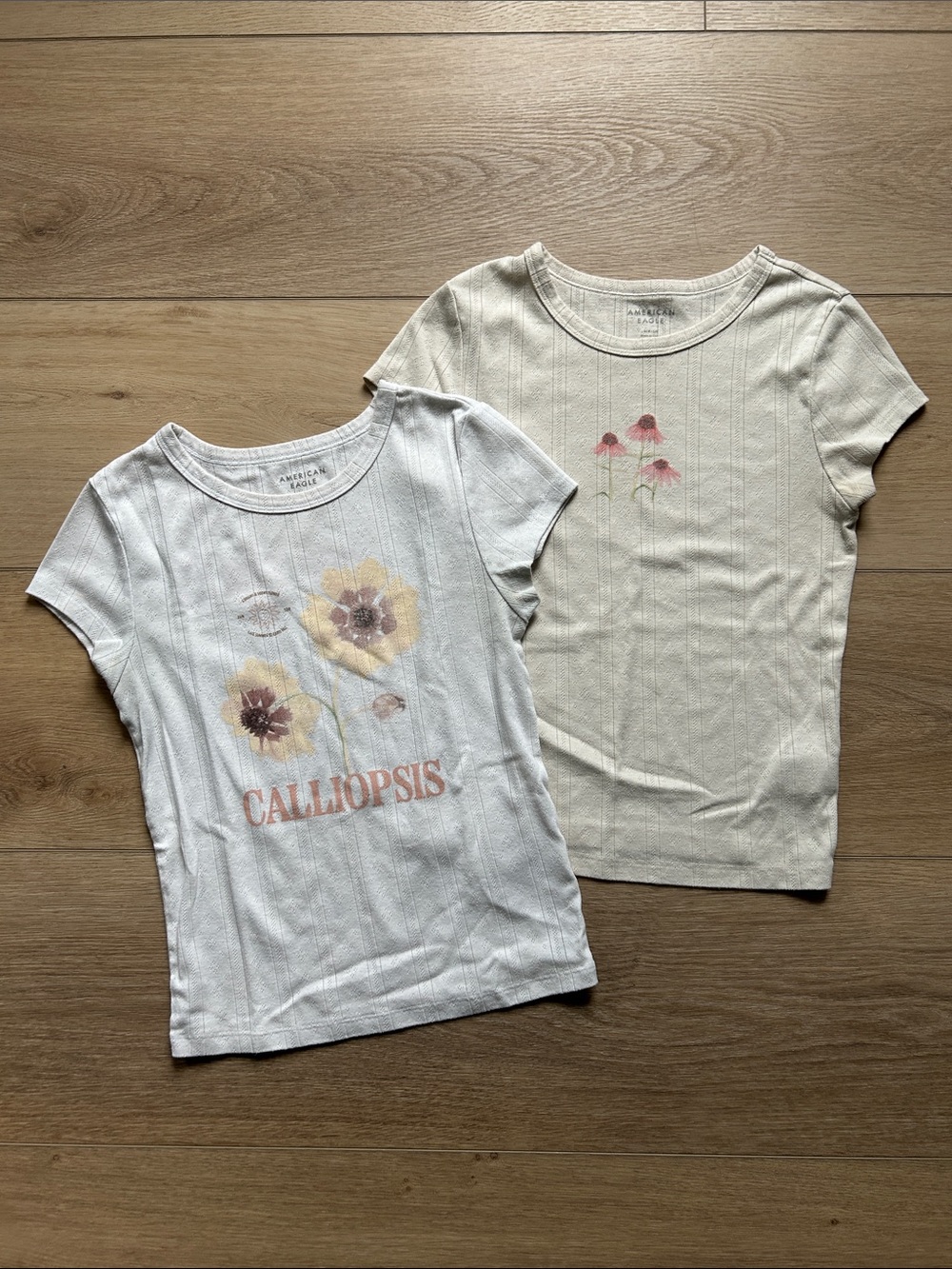 American Eagle Outfitters women’s XS Floral Ribbed Tee Set in Cream & Light Blue